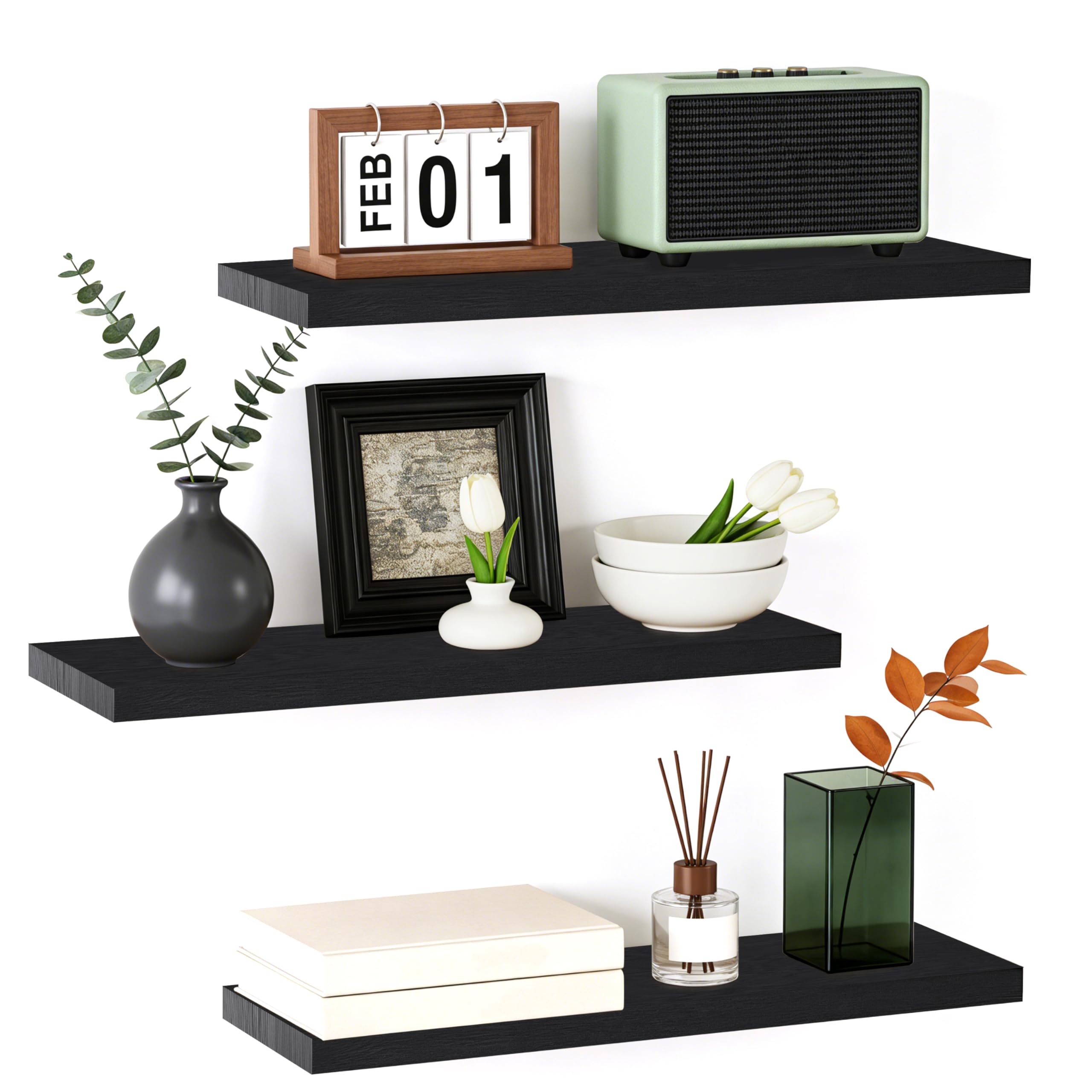 Floating Shelves for Wall, Wood Floating Shelves for Wall Decor, Paulownia Wood Wall Shelves, Photo Gallery Bookshelf Wall Shelves for Living Room Display, Bedroom, Office StorageSet of 3 (Black) — image 1
