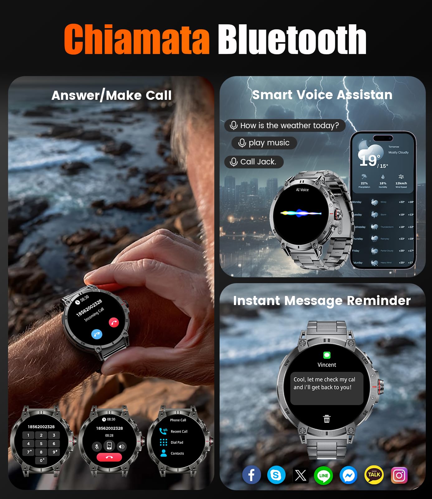 SUNKTA Smartwatch da uomo Militare 1000 mAh grande batteria da 1,7" HD Bluetooth chiamate orologio intelligente per iOS Android con torcia LED, frequenza cardiaca/monitor/contapassi, grigio