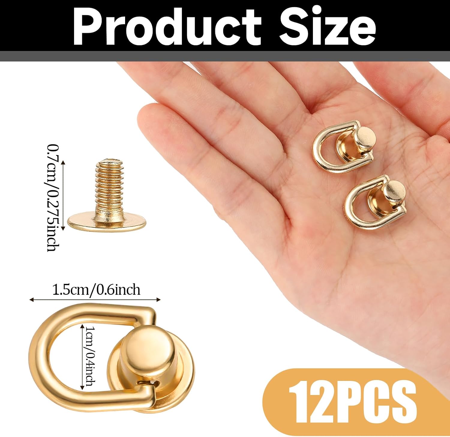 12Pcs D Ring Stud Screw Ball Post Head Buttons Stud Screw Gold Ball Studs Rivets with D Ring Metal Ring for Wallet Strap Shoe Accessories Leather Crossbody Purse Craft, Bag Hardware