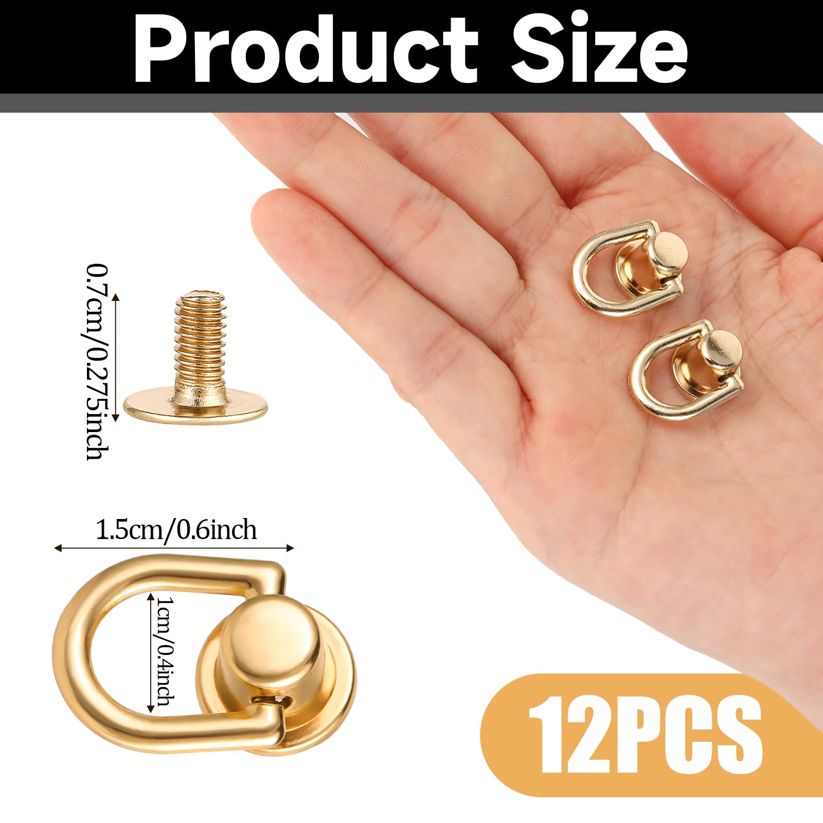 12Pcs D Ring Stud Screw Ball Post Head Buttons Stud Screw Gold Ball Studs Rivets with D Ring Metal Ring for Wallet Strap Shoe Accessories Leather Crossbody Purse Craft, Bag Hardware