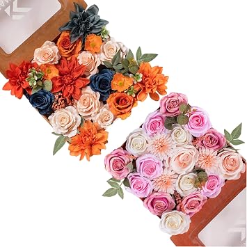 FANKO Fake Rose Artificial Flowers Silk Flowers Burnt Orange Dalia Artificial Flowers Bouquet Bulk Fall Fake Flowers for Decoration Fake Flowers Centerpiece Burgundy Orange Rose for Party Wedding