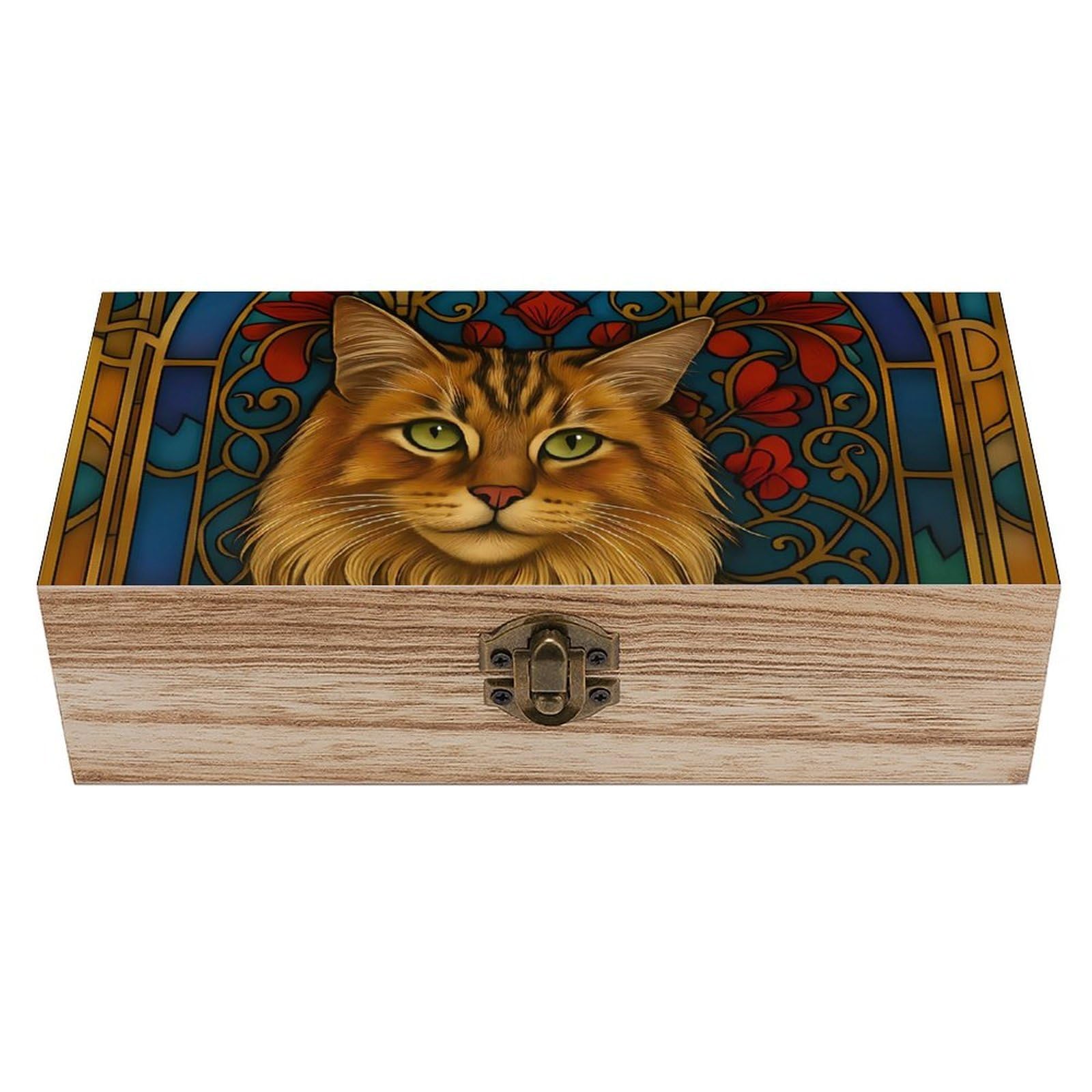 Oudrspo Elegant Cat Before Stained Glass Retro Wooden Storage Box Keepsake Jewelry Decorative Art Storages Box Gift Boxs