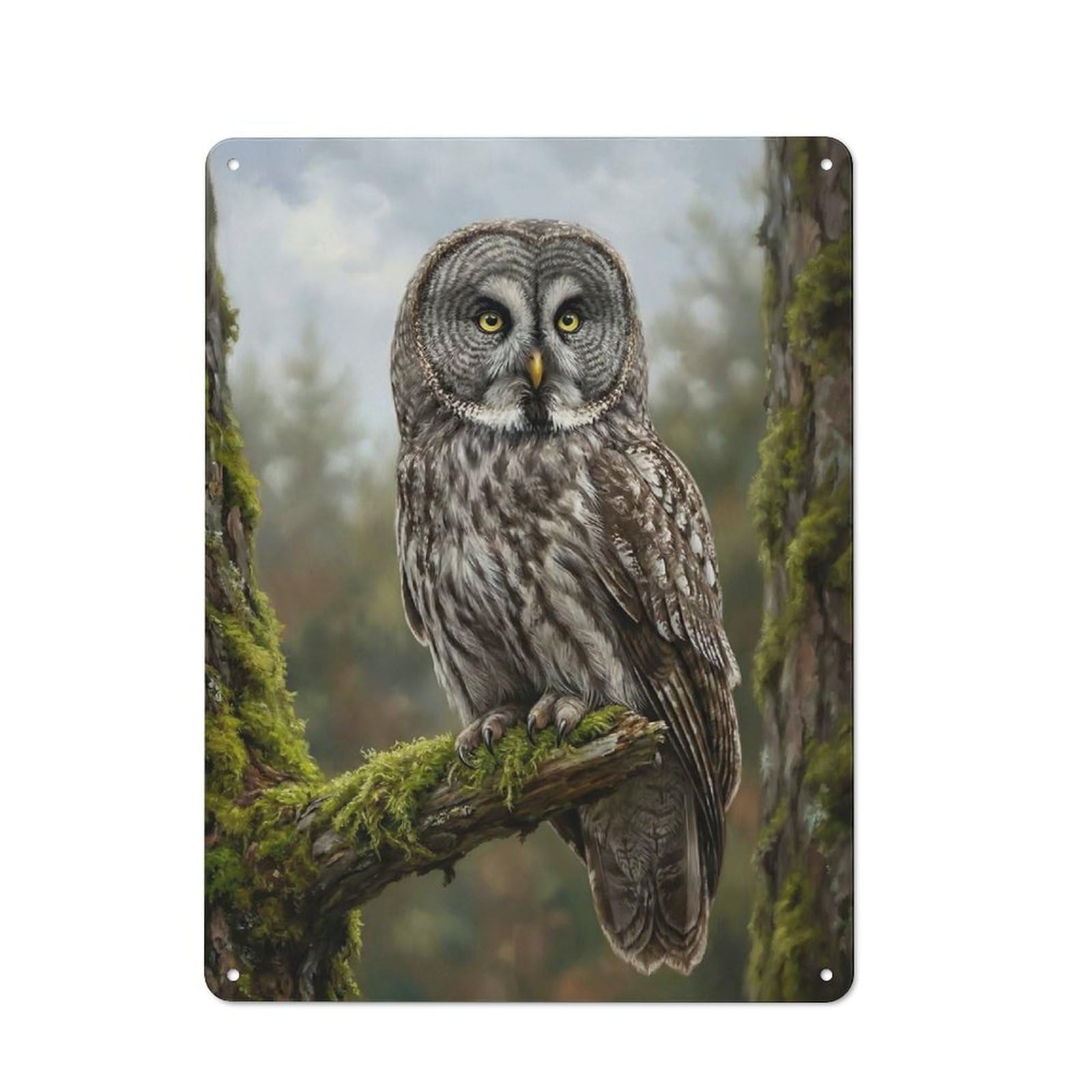Rustic Great Grey Owl Perched on Mossy Branch Tin Wall Plaque 40x30cm, Rustic Kitchen Decor for Cottage, Kitchen, Hallway Or Breakfast Nook