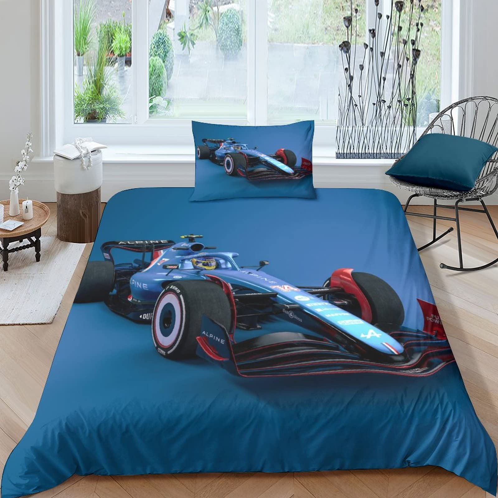 HOTGE Formula Racing Duvet Cover Bedding Comforter Cover Set Girls 3 Piece for Kids Teens 3D Bedspread Quilt Cover with Zipper Closure Soft Microfiber Single（135x200cm）