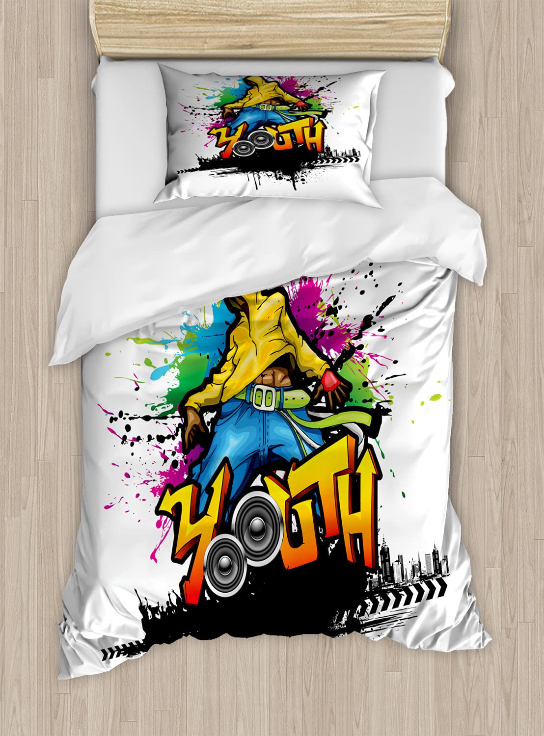 Ambesonne Youth Duvet Cover Set, Young Man Hip Hop Culture Graffiti Art and Street Culture Performer Colorful Grunge, Decorative 2 Piece Bedding Set with 1 Pillow Sham, Twin Size, Yellow Blue