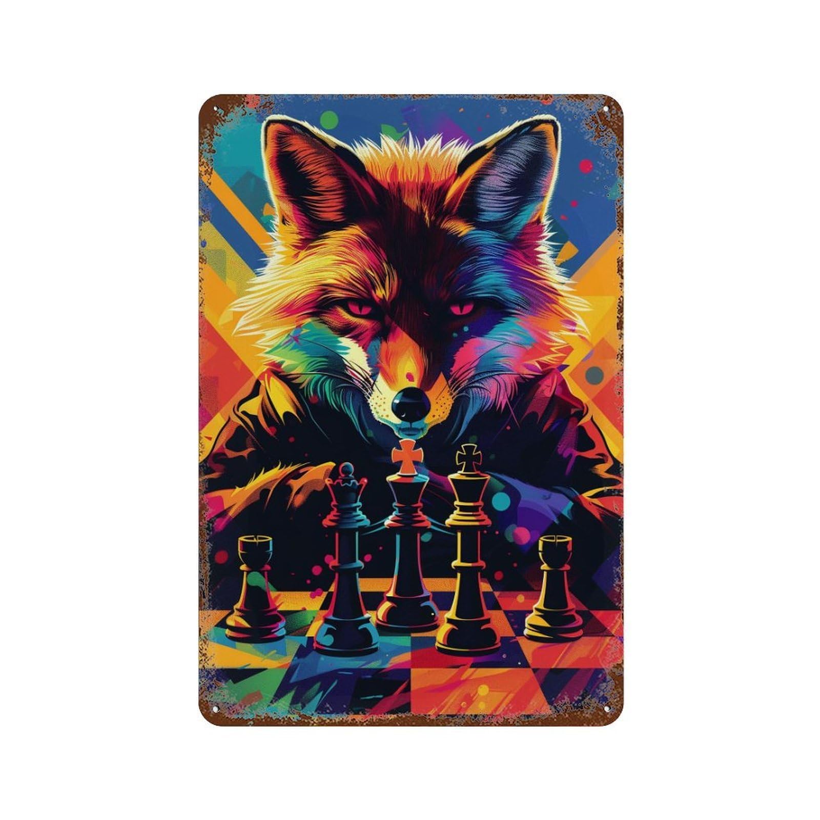 Fox Master Chess Game Art 11.8"x7.9" Weathered Tin Sign, Rustic Home Decor for Living Room, Hallway And Home Decor