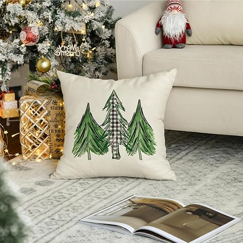Miniatura 3 de RABUSOFA Fundas de cojín con diseño de árbol de Navidad en acuarela de 18 x 18 pulgadas, fundas de cojín decorativas de invierno a cuadros, fundas