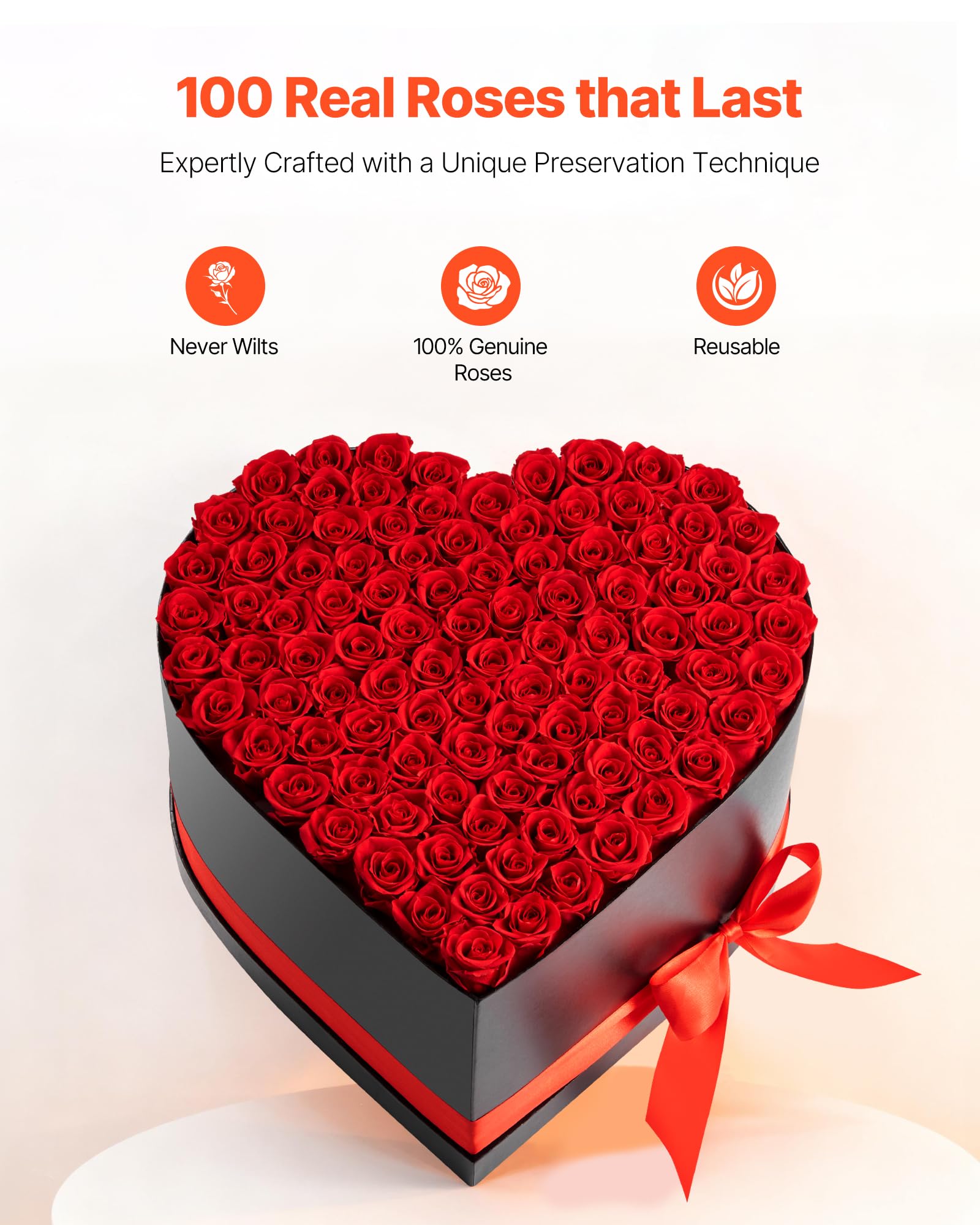 VEVOR Rose Éternelle 100 Fleurs Éternelles Préservées Boîte Cœur, Bouquet Rose Éternelle, Cadeau pour Elle, Femme, Épouse, Maman, Sœur, Mamie, Amie, Anniversaire, Saint-Valentin, Noël, Rouge Classique