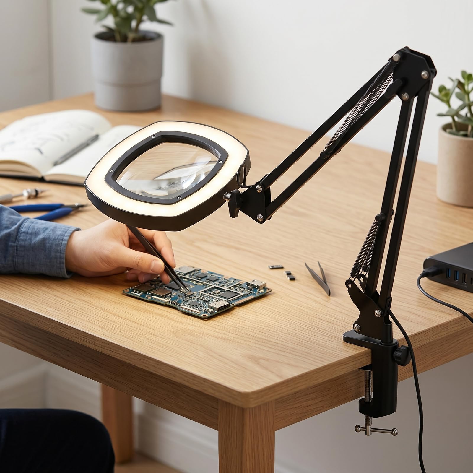 Lupa Cuadrada de 15 Aumentos con Luz, 5 Temperaturas de Color, Brazo Giratorio 360, Luz de Aumento Alimentada por USB para Lectura, Manualidades, Pasatiempos, Reparación