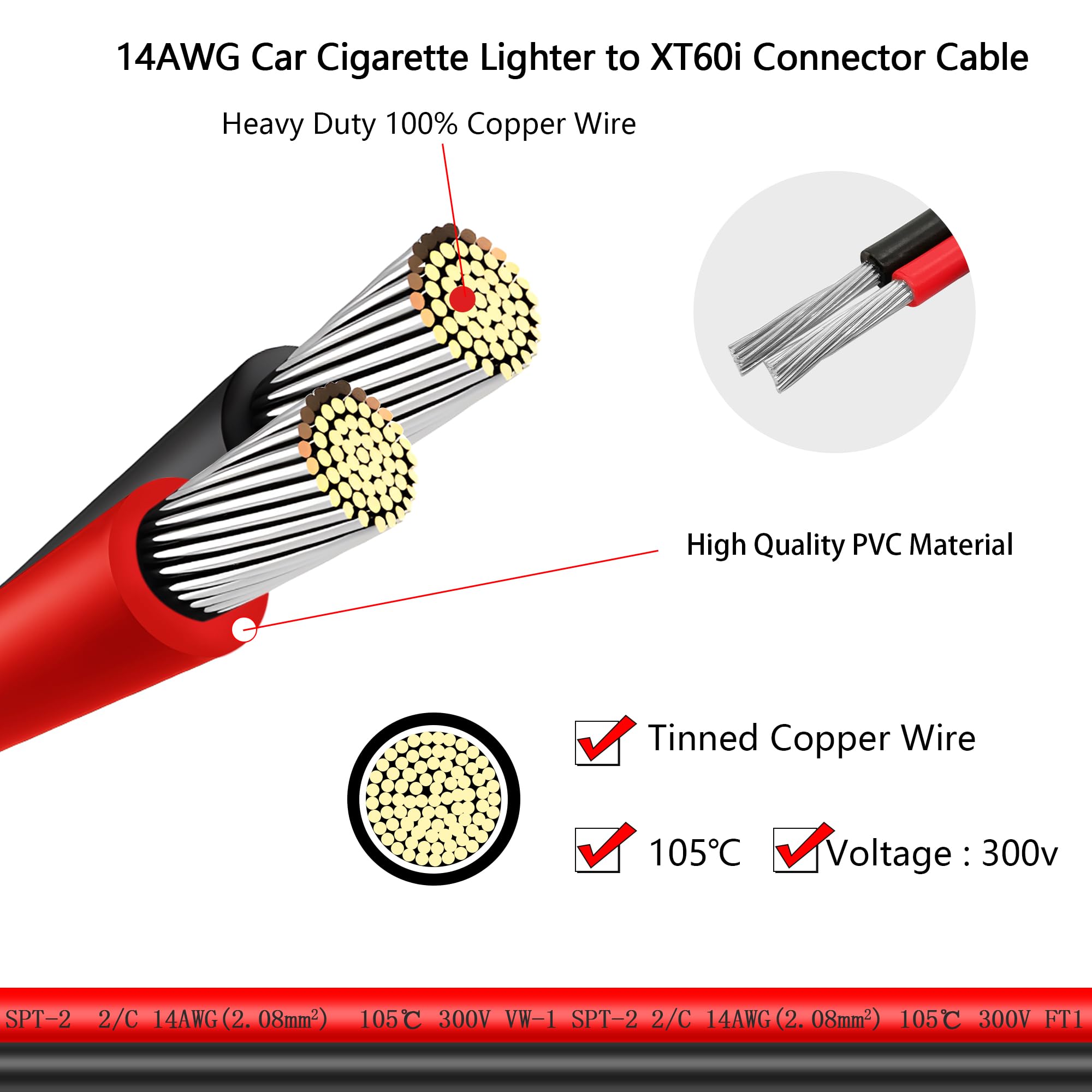GELRHONR Cavo Accendisigari Auto A XT60i 14 AWG, 2 Metri, Con Fusibile 15A E Indicatore LED, Per Generatori Solari E Dispositivi 12V