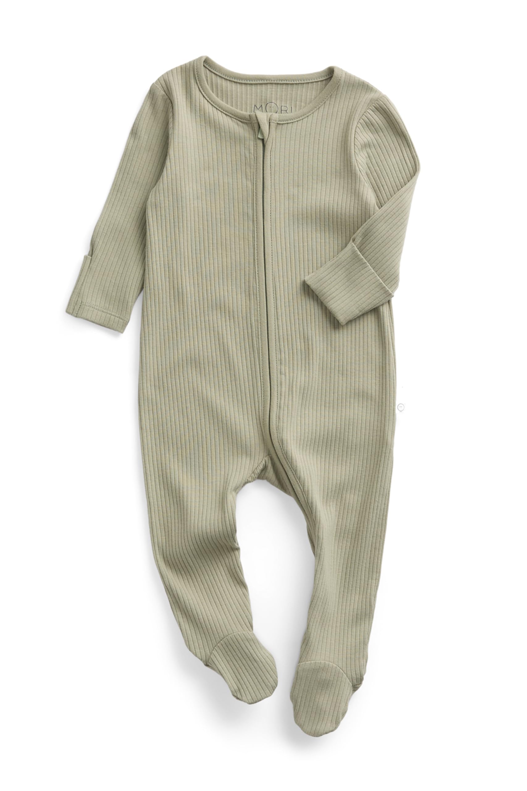 MORI Pijama unisex de canalé con cremallera bidireccional para bebé en color salvia - Ropa de dormir cómoda de bambú y algodón orgánico - Pijama para niños pequeños con diseño de pies - 12-18 meses