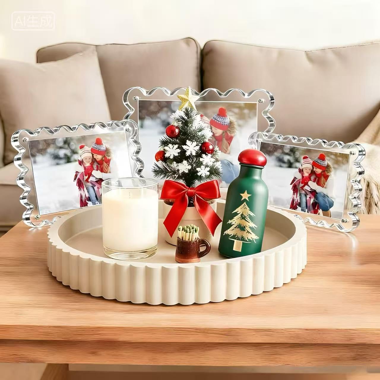 3 Pack 5x7 Acrylic Picture Frames and Gray Round Decorative Tray for Christmas Gifts