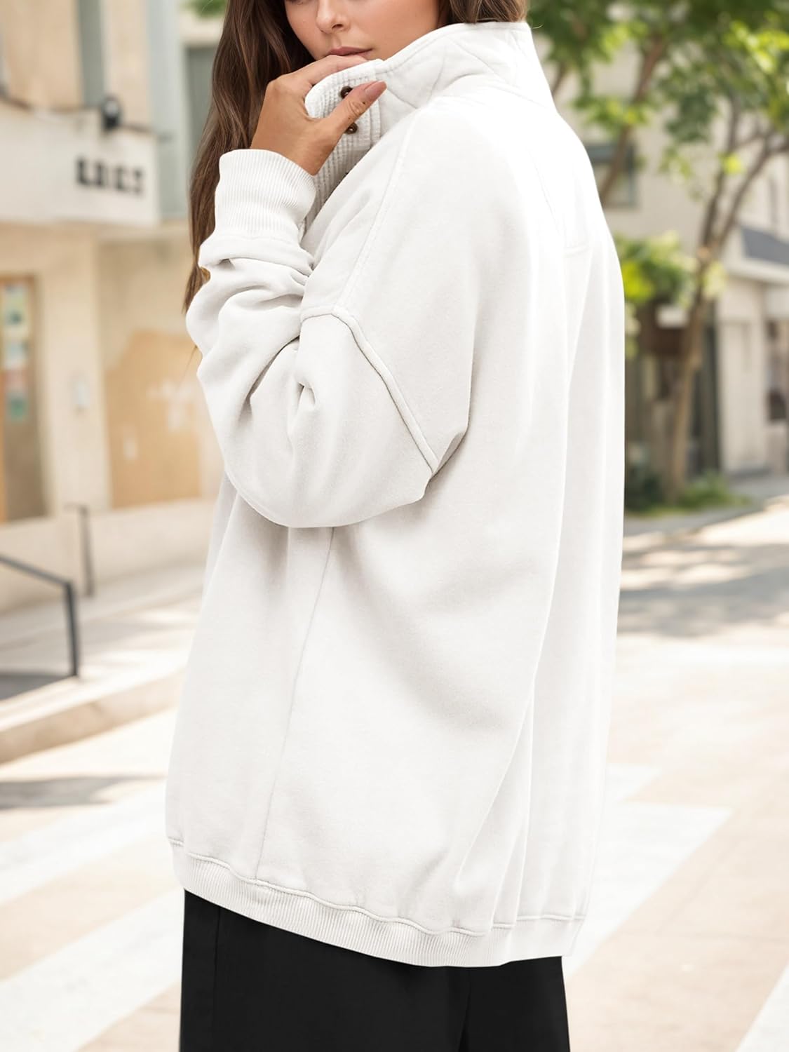 Fisoew Womens Oversized Sweatshirt Casual Snap Stand Collar Long Sleeve Pullover Tops Fall Travel Outfits - Image 3