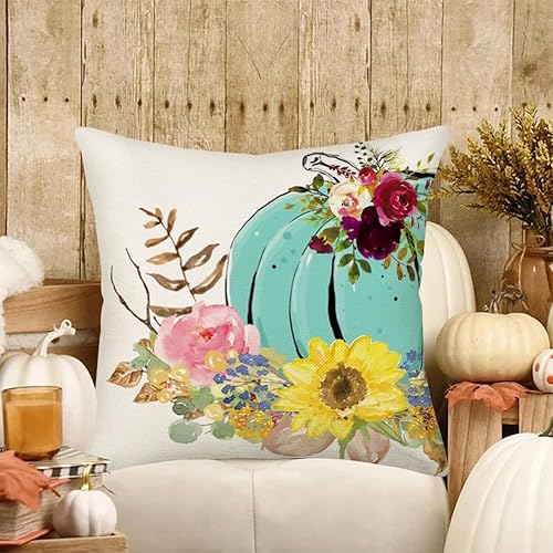 Miniatura 2 de Fundas de almohada decorativas de calabaza de otoño de 18 x 18 pulgadas, almohadas florales de calabaza azul acuarela, decoración de otoño, cosecha