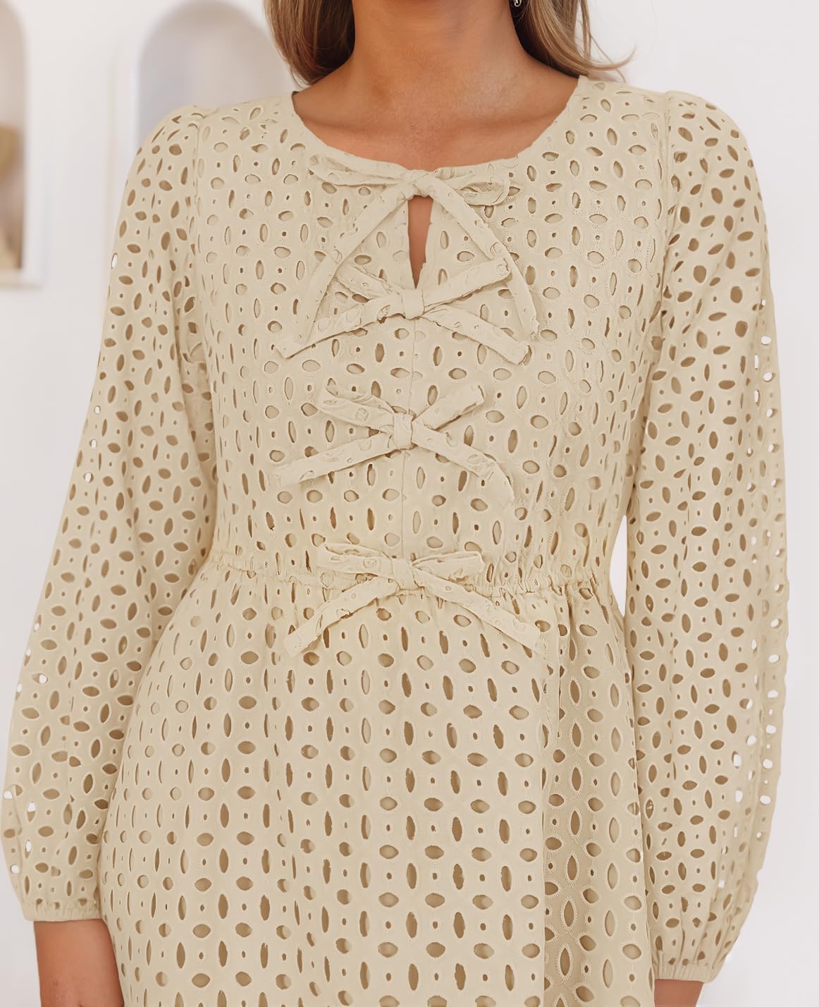 ZESICA Women's Long Sleeve Mini Dress 2026 Fall Crewneck Tie Front Hollow Out Eyelet Babydoll A Line Short Dresses - Image 4