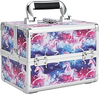 Joligrace Unicorn Makeup Case Oragnizer Portable Travel Makeup Train case 2 Trays Cosmetic Storage with Mirror Locking for Sewing Craft Cosmetologist Artist Supplies Nail Tech Kits Case Pink Blue