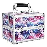Joligrace Unicorn Makeup Case Oragnizer Portable Travel Makeup Train case 2 Trays Cosmetic Storage with Mirror Locking for Sewing Craft Cosmetologist Artist Supplies Nail Tech Kits Case Pink Blue