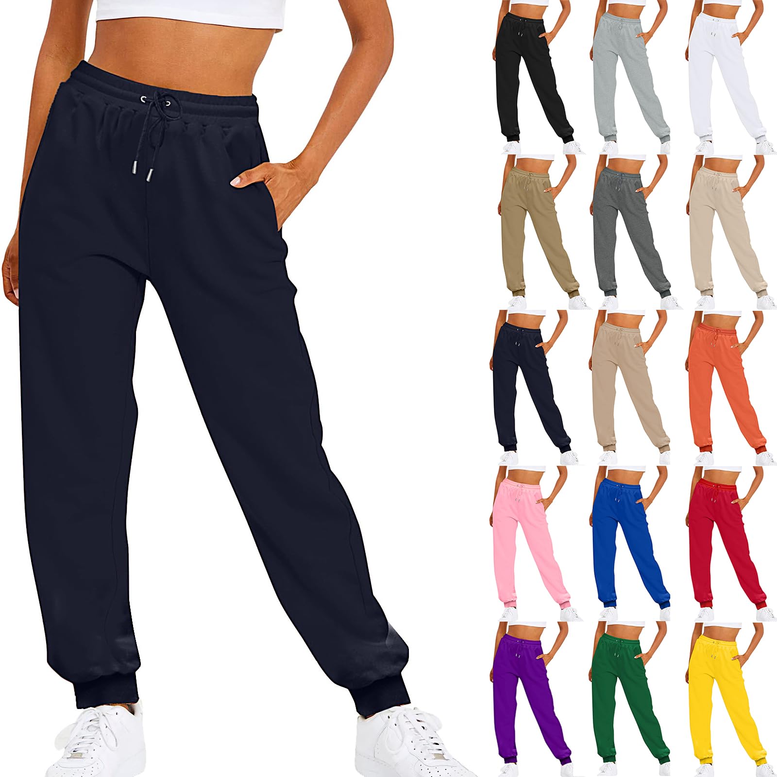 Joggers for Women Casual Baggy Fleece Sweatpants High Waisted Jogger Pants with Pockets Drawstring Cinch Bottom Sweatpants Plus Size Cotton Joggers Running Workout Pants Joggers for Women A-Black