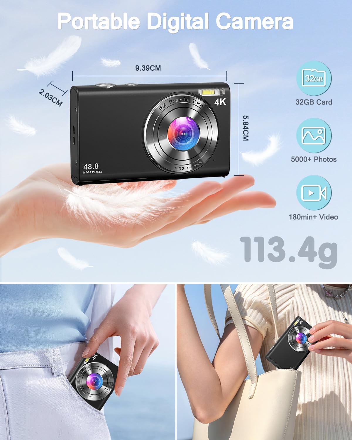 4K HD Cámara Digital 48MP Autofocus Cámara de Fotos con Tarjeta SD de 32 GB, Cámara Compacta Zoom 18X y 2 Baterías, Recargable Compacta Portátil Cámara para Principiantes