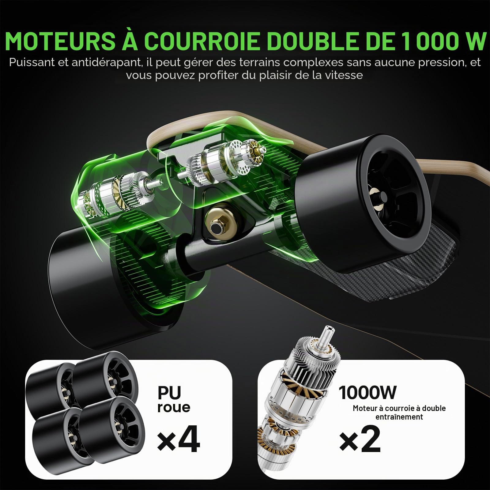 Skateboard électrique pour adultes et adolescents - Moteur 1800 W 4 modes de vitesse - Télécommande avec OLED avec écran - Noir