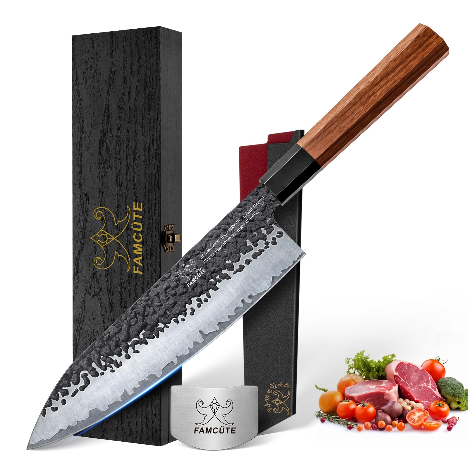 FAMCÜTE 8'' Japanese Knife, Hand Forged Pro Chef Knife with Sandalwood Box