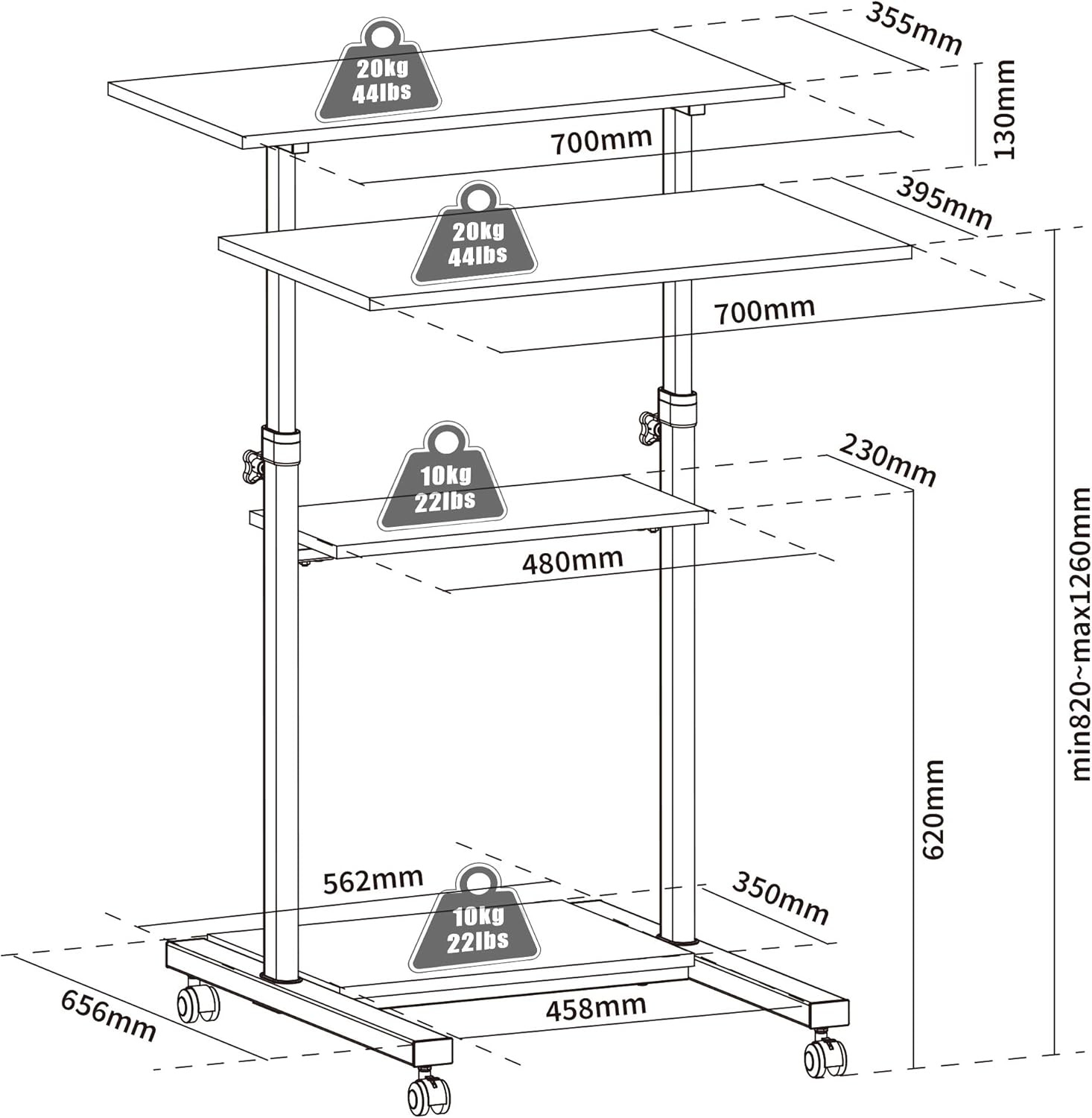 Diagram comparing sitting and standing positions with height adjustment