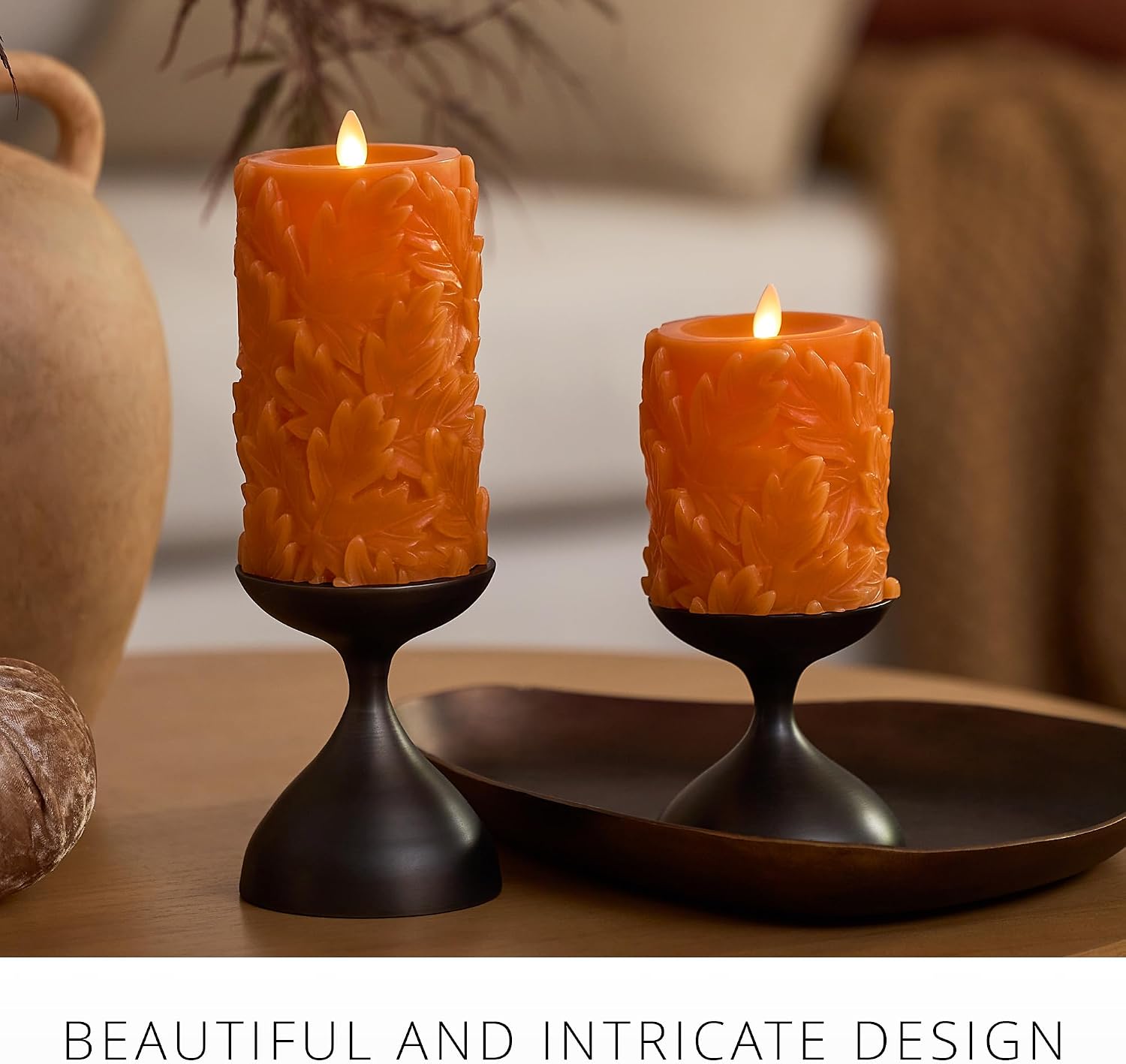 Luminara Flameless Marmalade Embossed Leaves 3.5" x 6.5" Pillar, Battery Operated & Timer Function, Fall Decorations Indoor Candle Moving Flickering Flame LED Light, Remote Ready (Sold Separately)