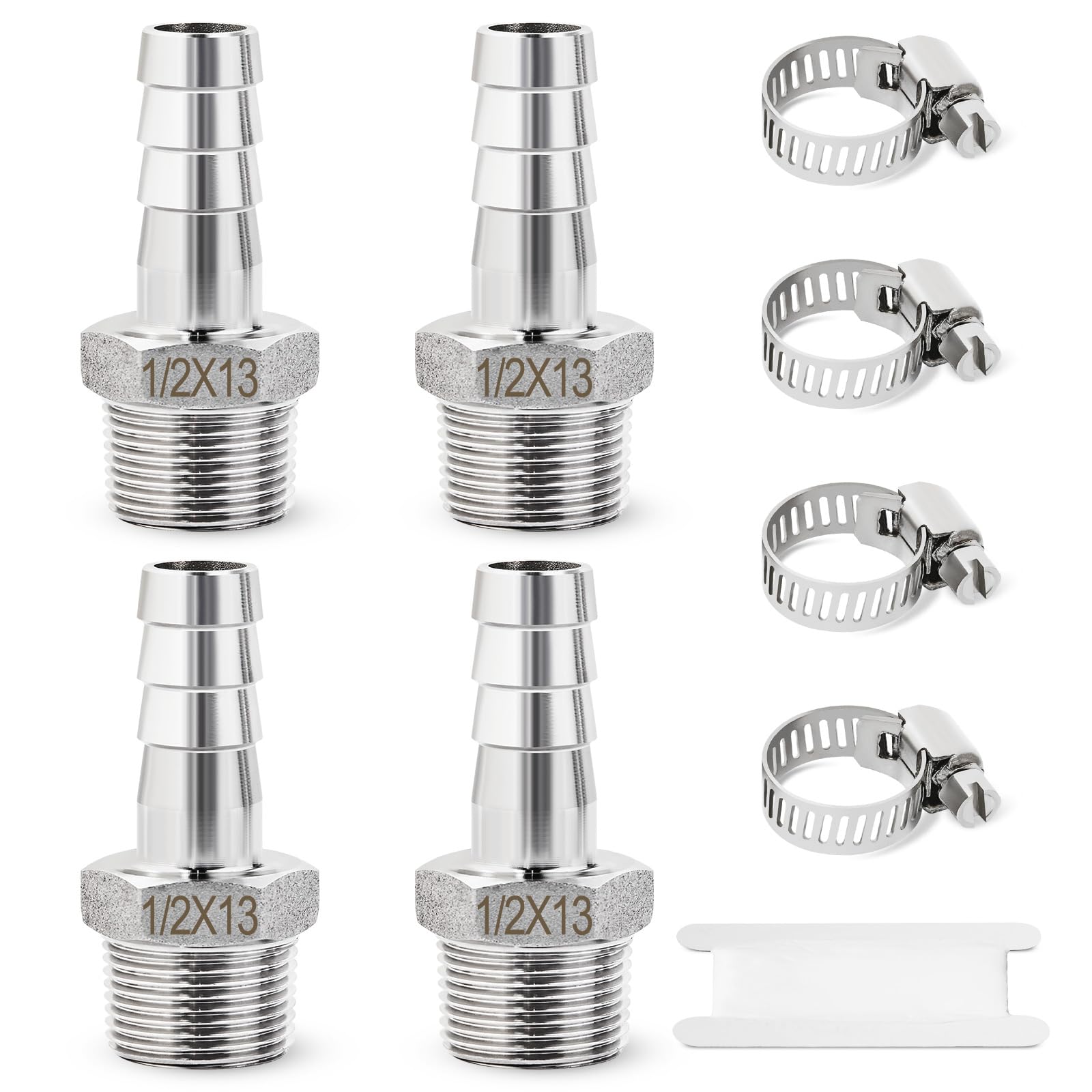 Josaton 4 Pcs Barb Hose Fitting, Stainless Steel 1/2” Male x 13mm Barb, Hose Barb Connector with Hose Clamp 4 Set Barb Pipe Fitting for Air Water Fuel