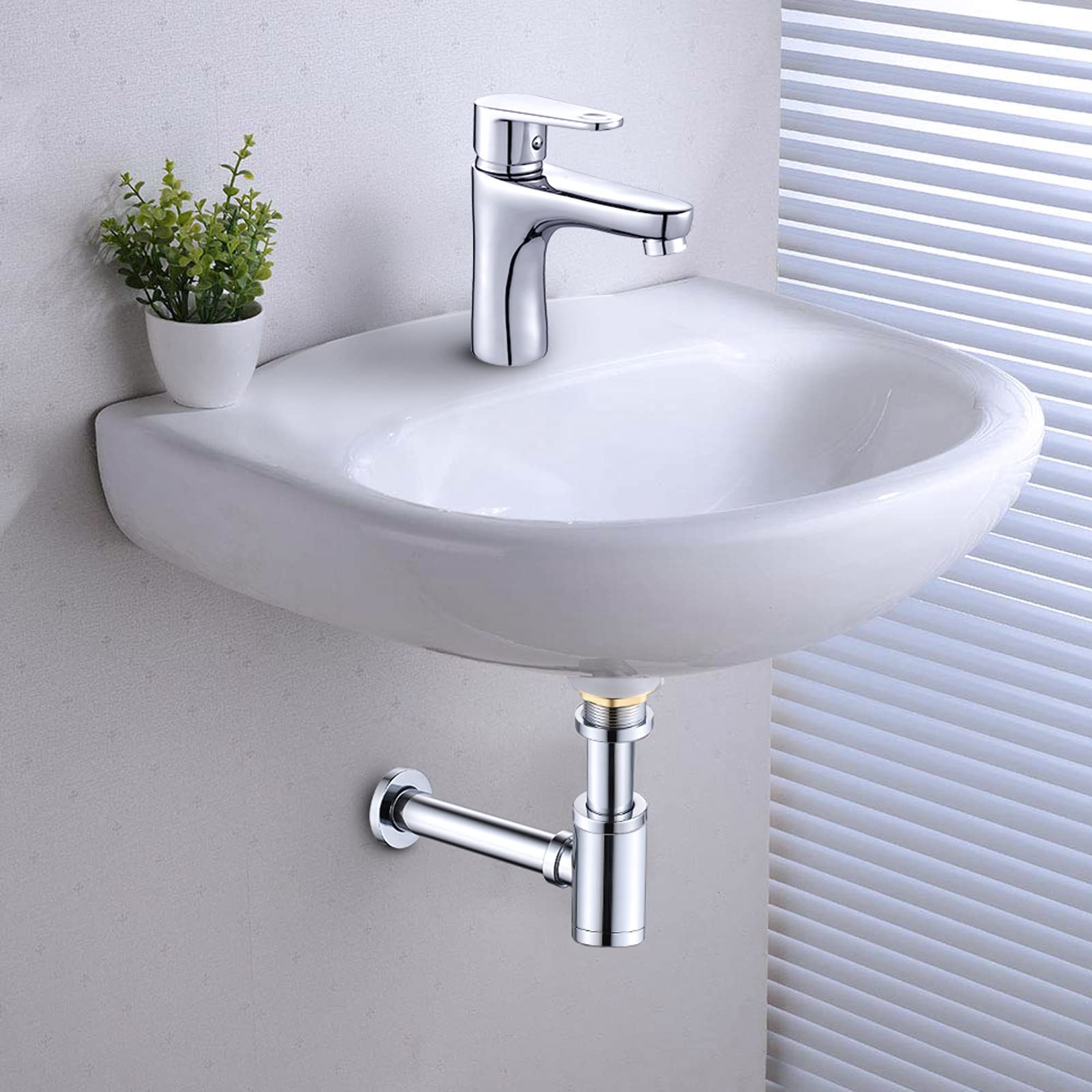 Sifone e valvola pop up per lavandino, rubinetto di scarico senza troppopieno, tappo di scarico, sifone per lavandino, piletta scarico lavabo, cromato