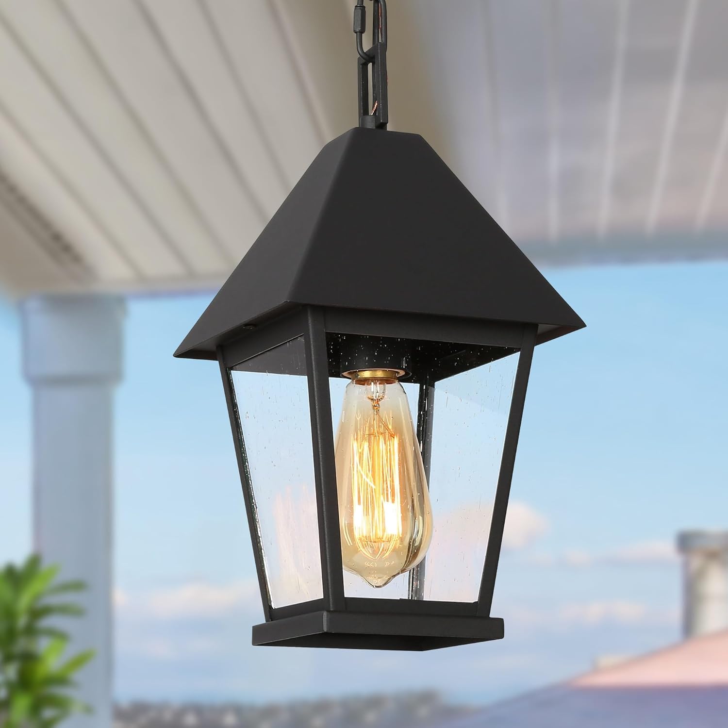 LALUZ Outdoor Pendant Light for Porch, Black Outdoor Pendant Hanging Light with Seeded Glass Waterproof Exterior Light Fixture for House, Patio, Yard