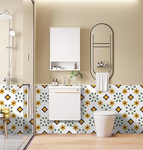 Miniatura 4 de Alwayspon Suelo de vinilo, diseño retro de flores naranjas autoadhesivas para azulejos de suelo de transferencia para baño, cocina, salpicaduras,