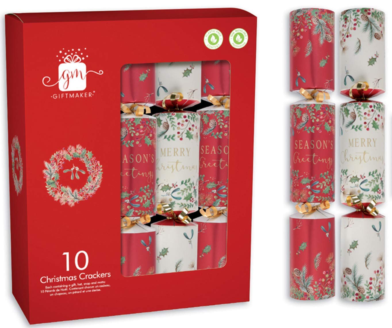 (Box of 10) Traditional 11" Festive Christmas Crackers Eco Friendly (Red & Cream)