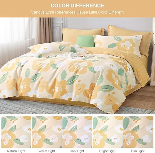 Miniatura 5 de SAPHREAS Juego de funda de edredón con estampado floral amarillo, 3 piezas, tamaño matrimonial, 100% algodón, juego de funda de edredón con