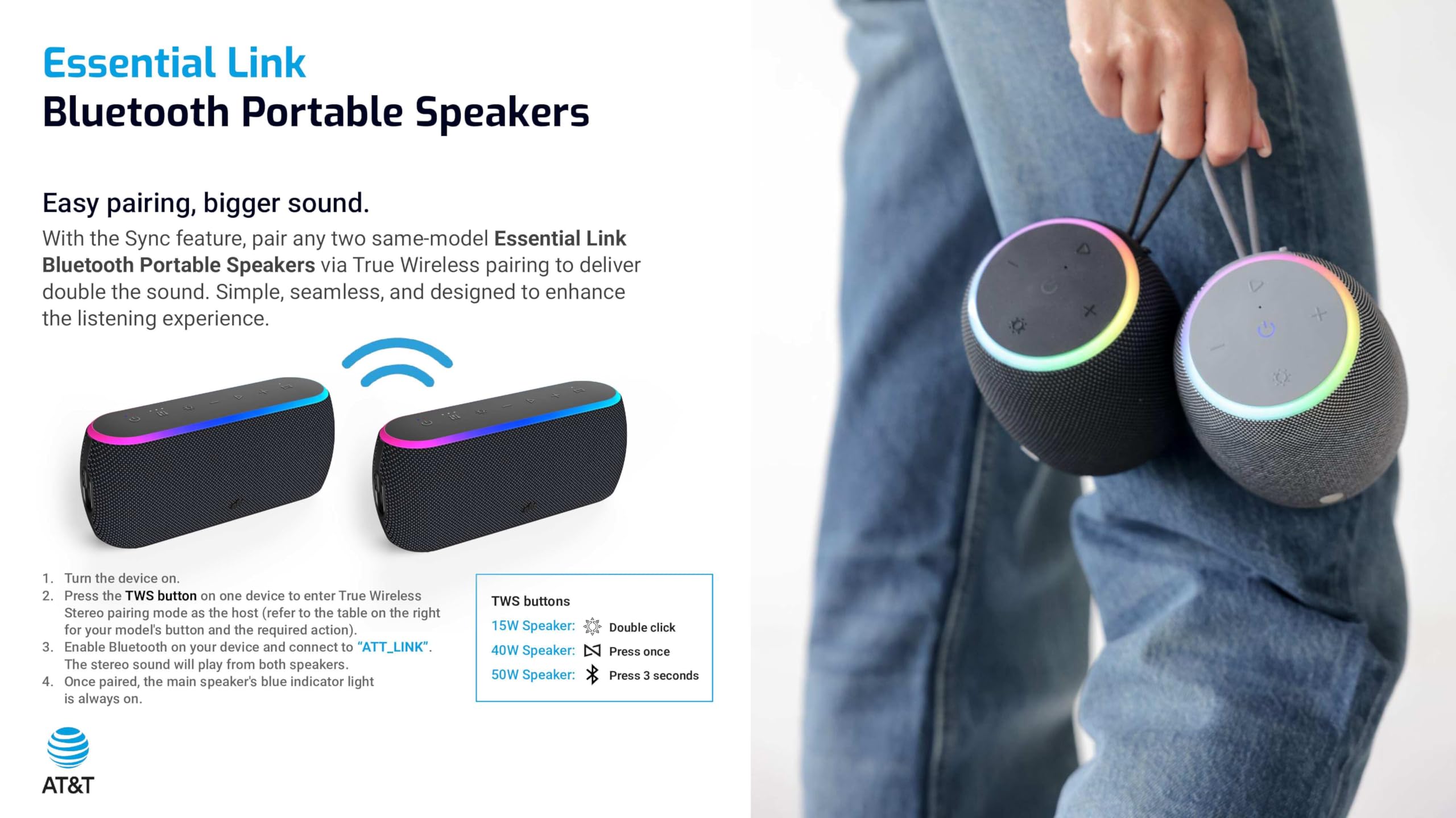 AT&T Essentials Haut-parleur Bluetooth portable 40 W - Étanchéité IPX6 - Double appariement sans fil, 15 heures d'autonomie, sangle/poignée amovible - Maison/cuisine/extérieur (noir)