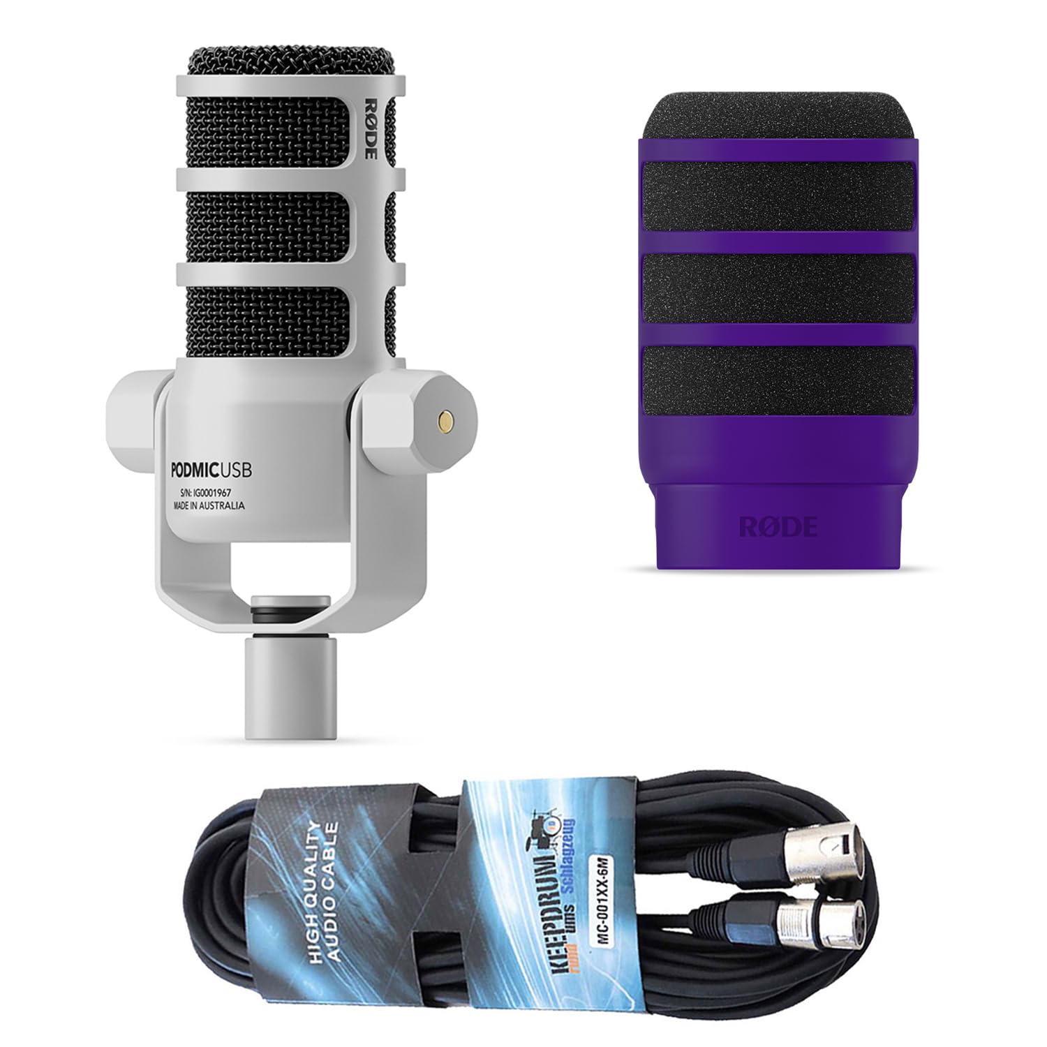 Rode Podmic USB XLR Dynamisches Sprecher-Mikrofon Weiss mit WS14PU Popschutz und keepdrum XLR-Kabel