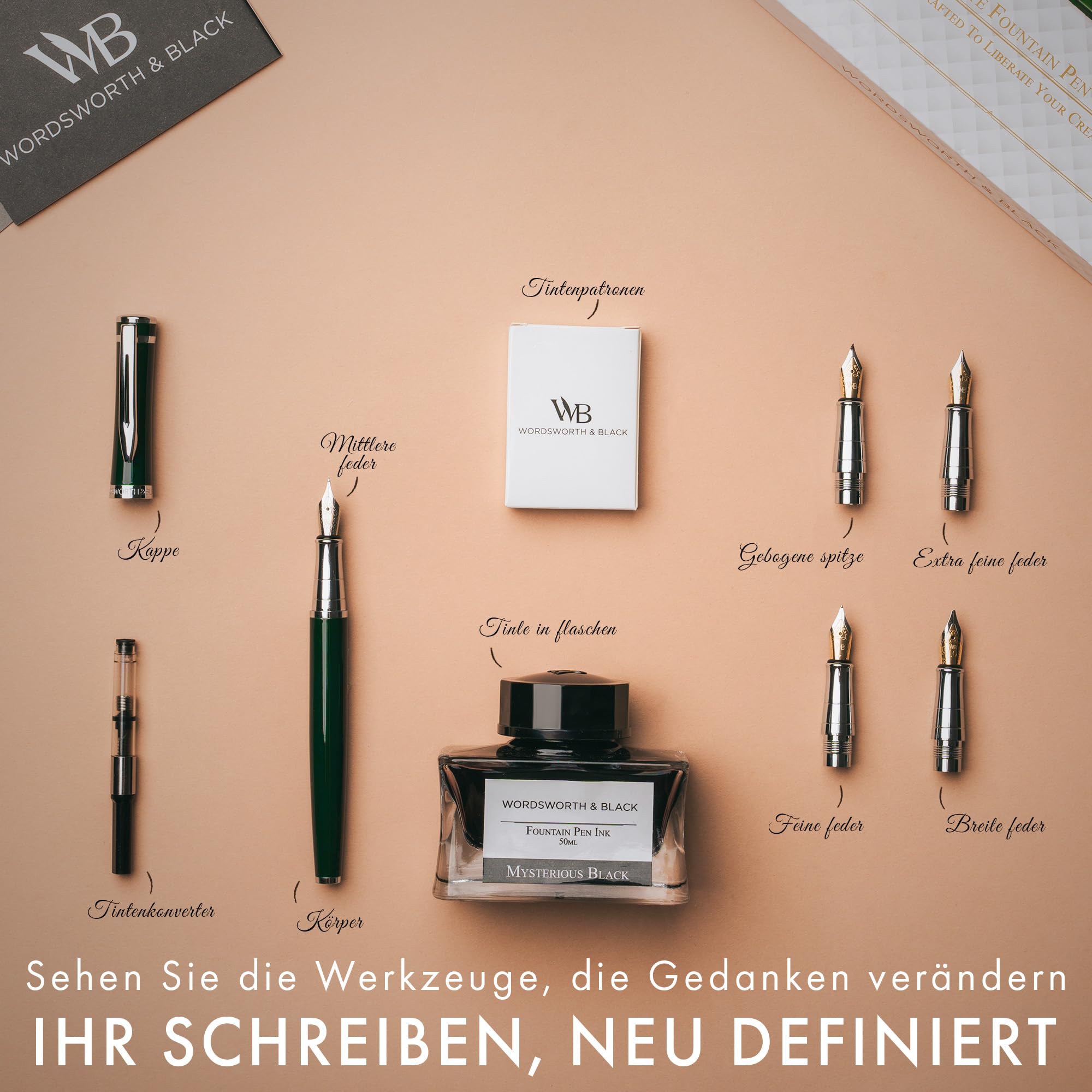 Wordsworth & Black Füllfederhalter-Geschenkset, beinhaltet Tintenflasche, 6 Tintenpatronen, Tintenauffüllkonverter, 4 Ersatzfedern, Premium-Paket, Journaling, Kalligraphie, [Grüner Chrom]