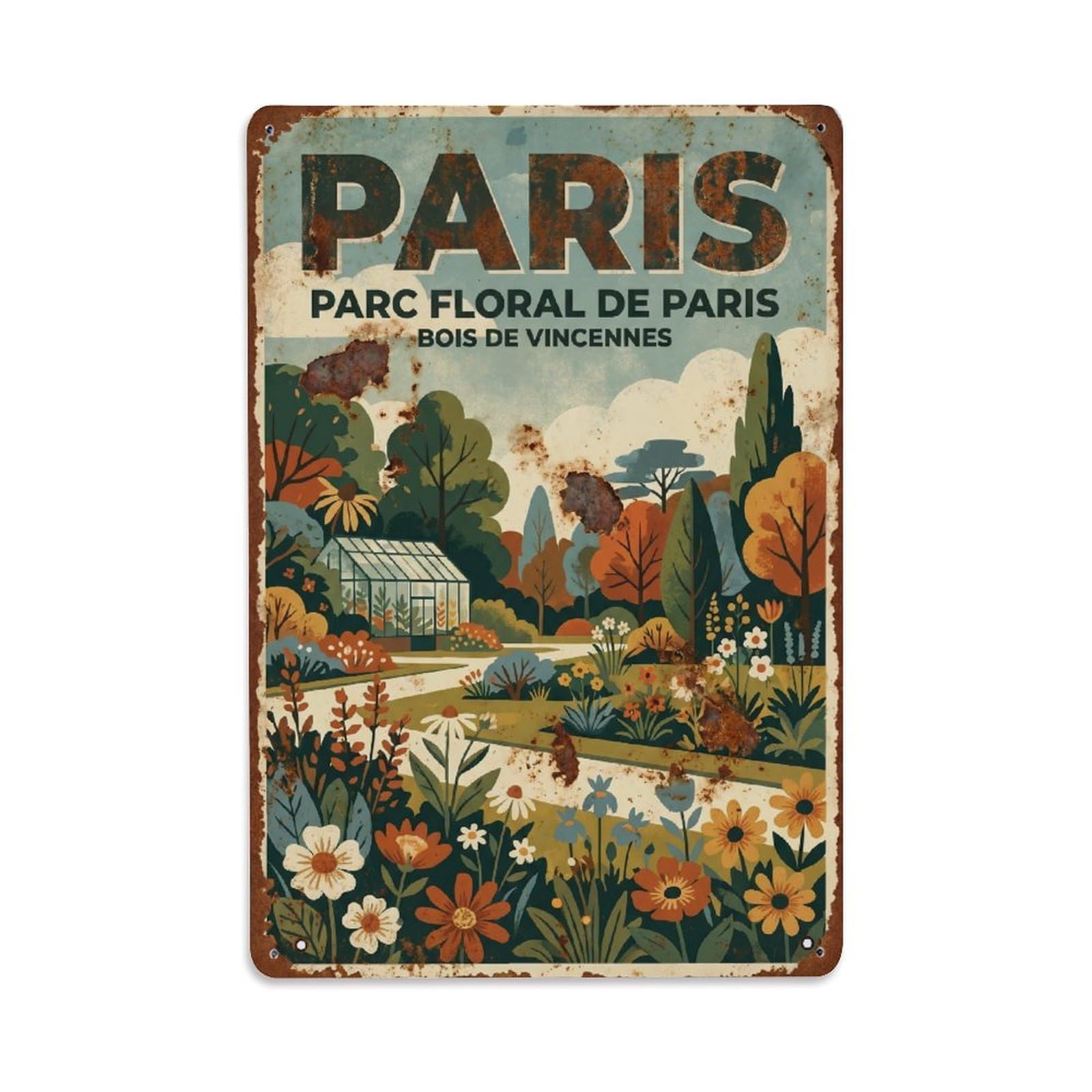 Vintage Travel Paris Parc Floral Botanical Garden Rusted France Metal Tin Sign Plaque Wall Decor for Cafe, Club Bar, Office, Home Garden Metal Poster 8x12Inch