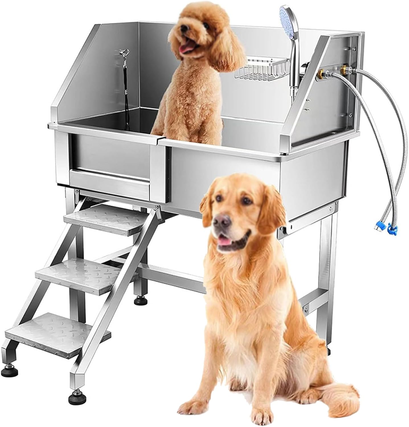 34 Inch Dog Grooming Bathtub Station, Small Dog Bath Tub,Professional Washing Station,Stainless Steel Dog Grooming Tub,Cats Dog Wash Shower Sink,with Sliding Door,Faucet,Steps