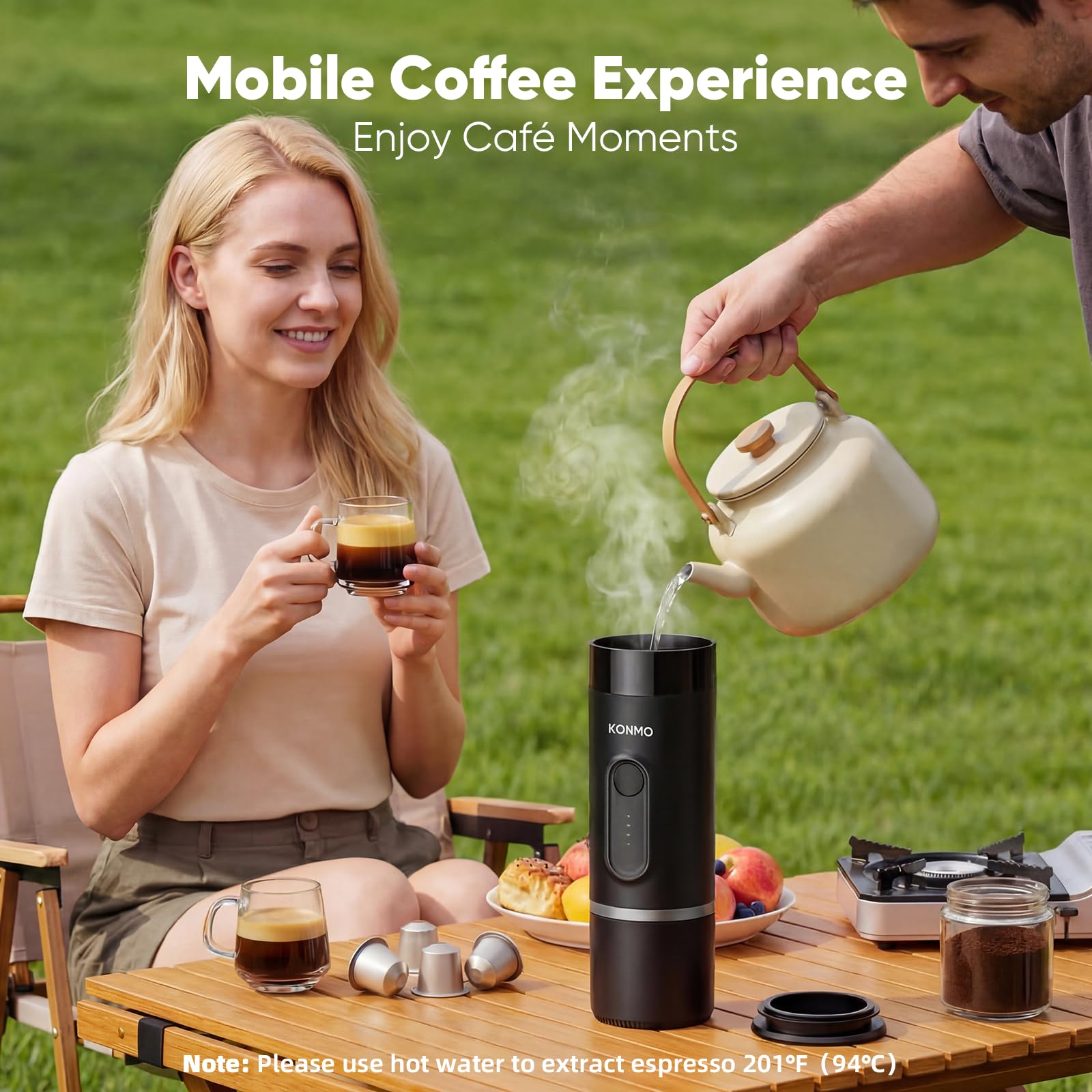 Máquina de café espresso portátil para viajes, mini cafetera funciona con cápsulas y café molido, recargable por USB-C para acampar al aire libre, coche, caravana, viajes de negocios