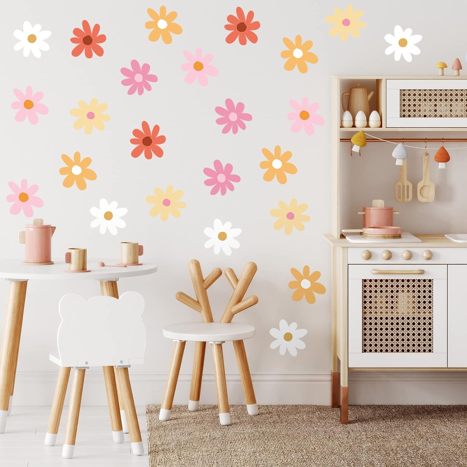 BBTO Daisy Wall Decal Flower Vinyl Wall Floral Decals Peel and Stick Daisy Stickers for Kids Nursery Art Bedroom Living Room(Pink, White, Orange)