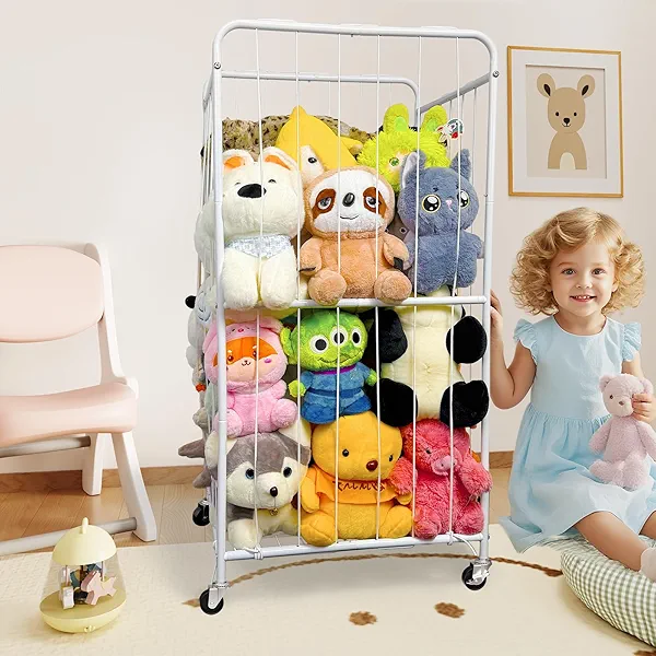 210L Stuffed Animal Storage with Wheels, Kid Plush Toy Organizer | Animal Zoo Toy Holder with Metal Frame & Elastic Cord for Living Room Nursery Playroom Bedroom Kids Toddler Room Space Save (White)