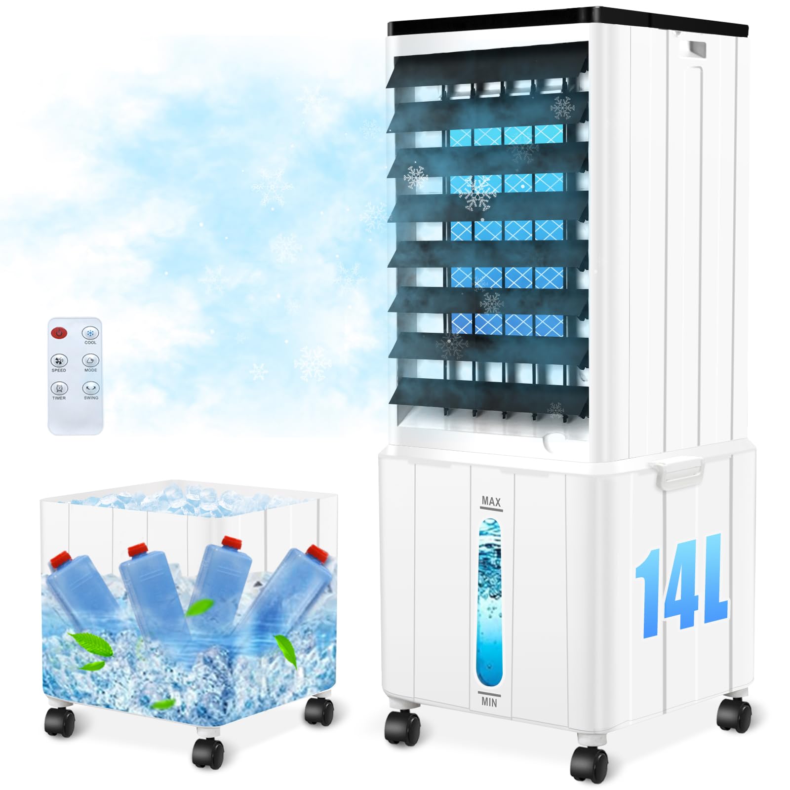 Condizionatore Condizionatore Senza Tubo di Scarico 14L 60W Condizionatore Mobile con Timer 12H 3 Modalità 40dB Oscillazione 120° Serbatoio Acqua Estraibile Telecomando Silenzioso
