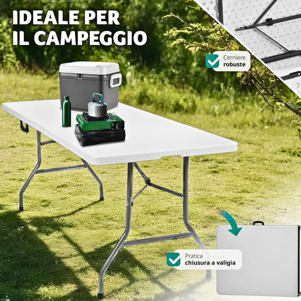 PALUPLUS Tavolo Pieghevole Rettangolare da Catering, Misura 180x71x74 cm, colore Bianco, Tavolo a Valigetta in Resina e Metallo, con maniglia, ideale per giardino, fiera, pic nic, campeggio -344F