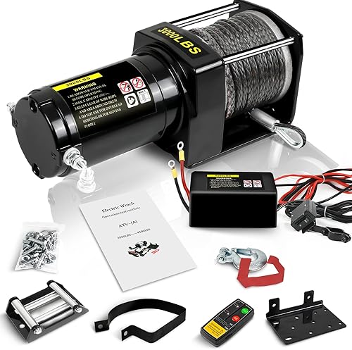 Auraroad Cabrestante eléctrico de 3500 libras de 12 V, cabrestante de cuerda sintética ATVUTV, cabrestante impermeable IP68 con control remoto