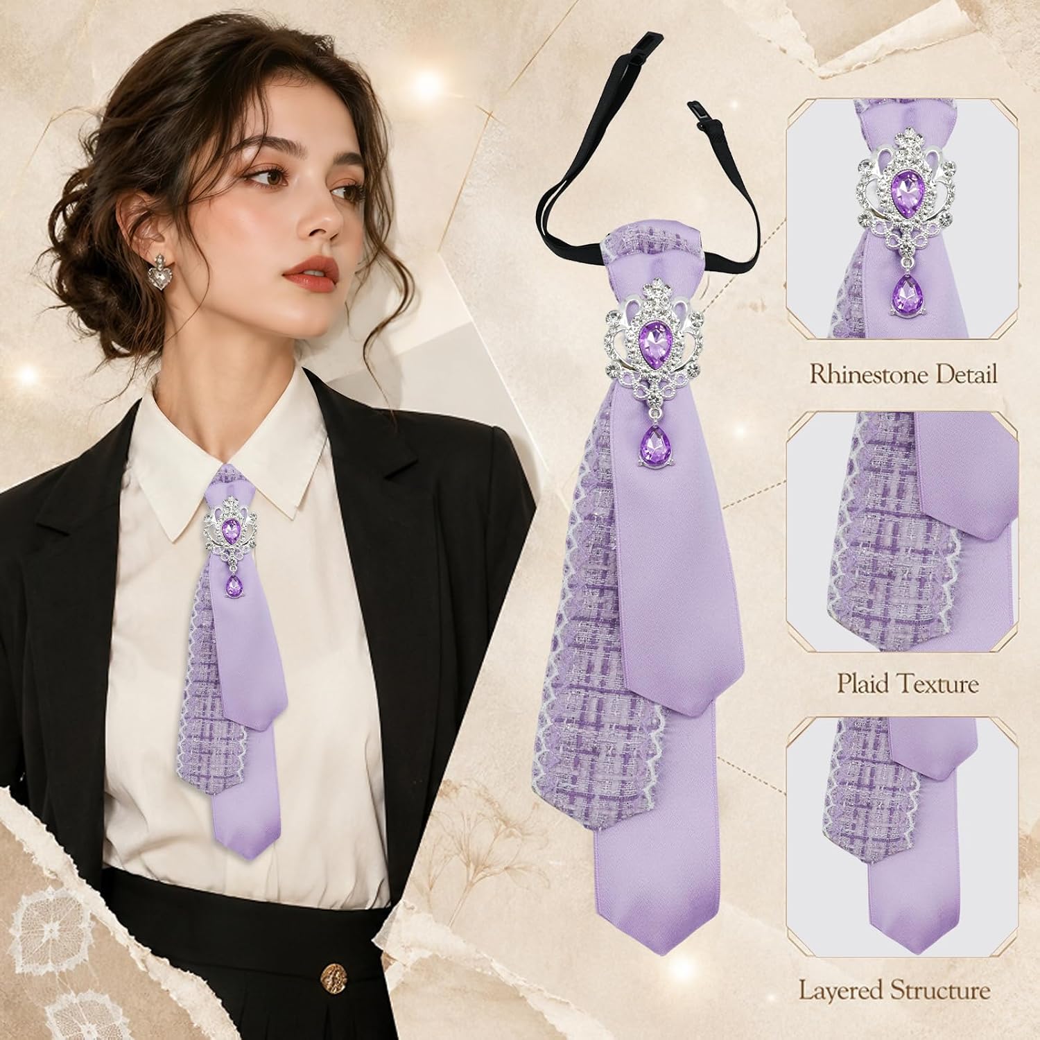 Pre Tied Ties for Women Plaid Womens Tie with Rhinestone for Party | Vintage Houndstooth Pattern, Gold Frame Black Crystal, Adjustable Back Closure Necktie, 9" X 1.5", For Daily Office Party
