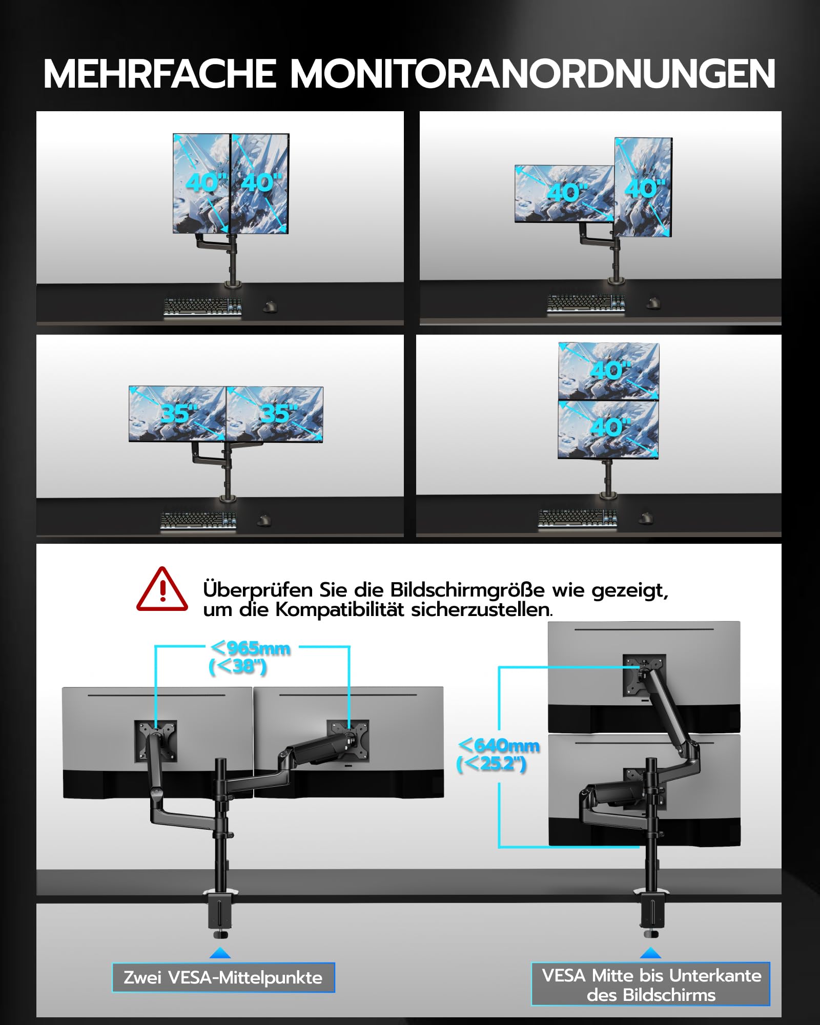 ARES WING Dual Monitorarm für 2 Monitore 17-40 Zoll mit Stange, Schwarz