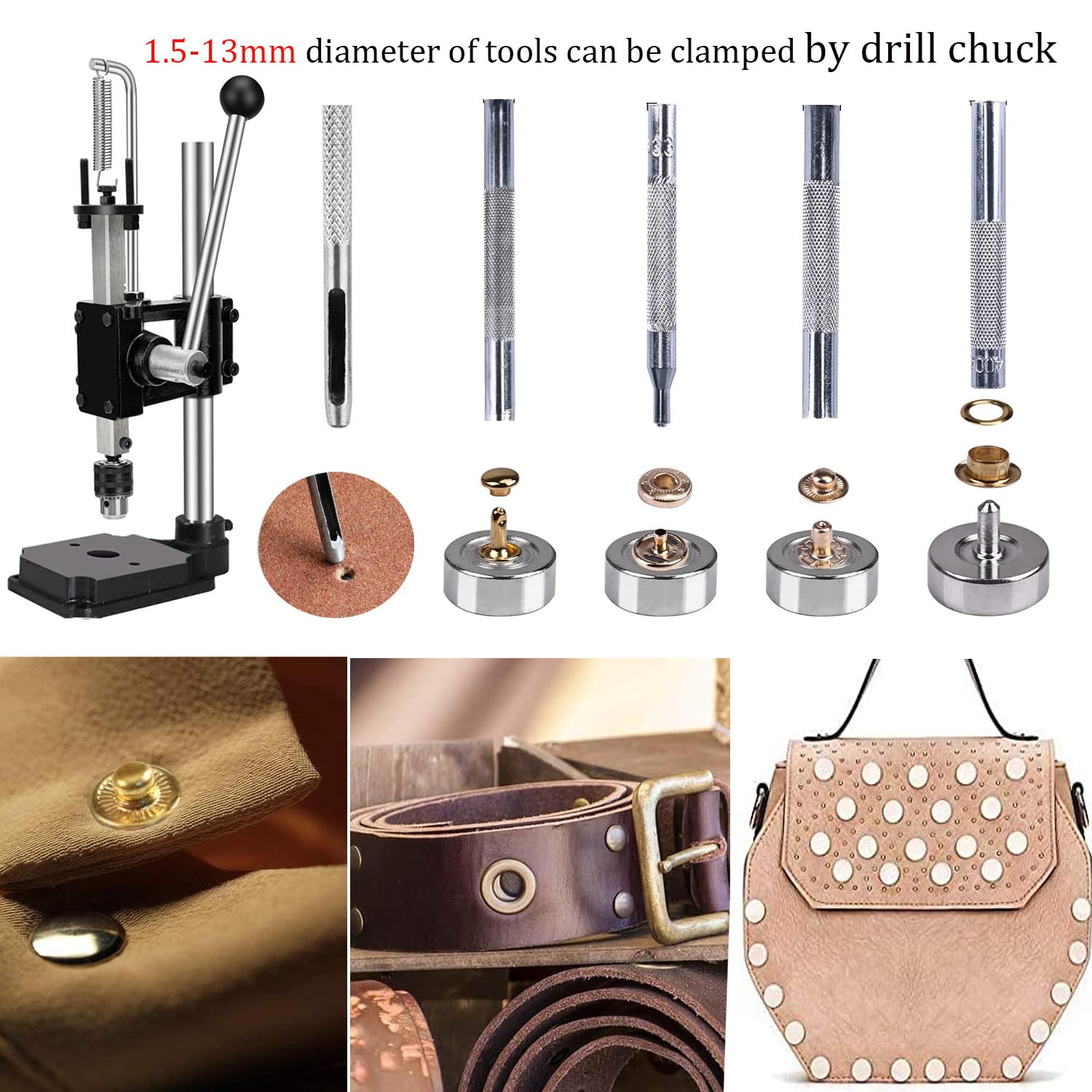 Leder Locher Werkzeug Lochmaschine mit 4cm rundem Pressteller,11PCS Werkzeugset inkl. Nietensetzer und Druckknopf-Werkzeug zum Stanzen,Schneiden, Nieten und Druckknöpfe-Anbringen für DIY-Lederarbeiten