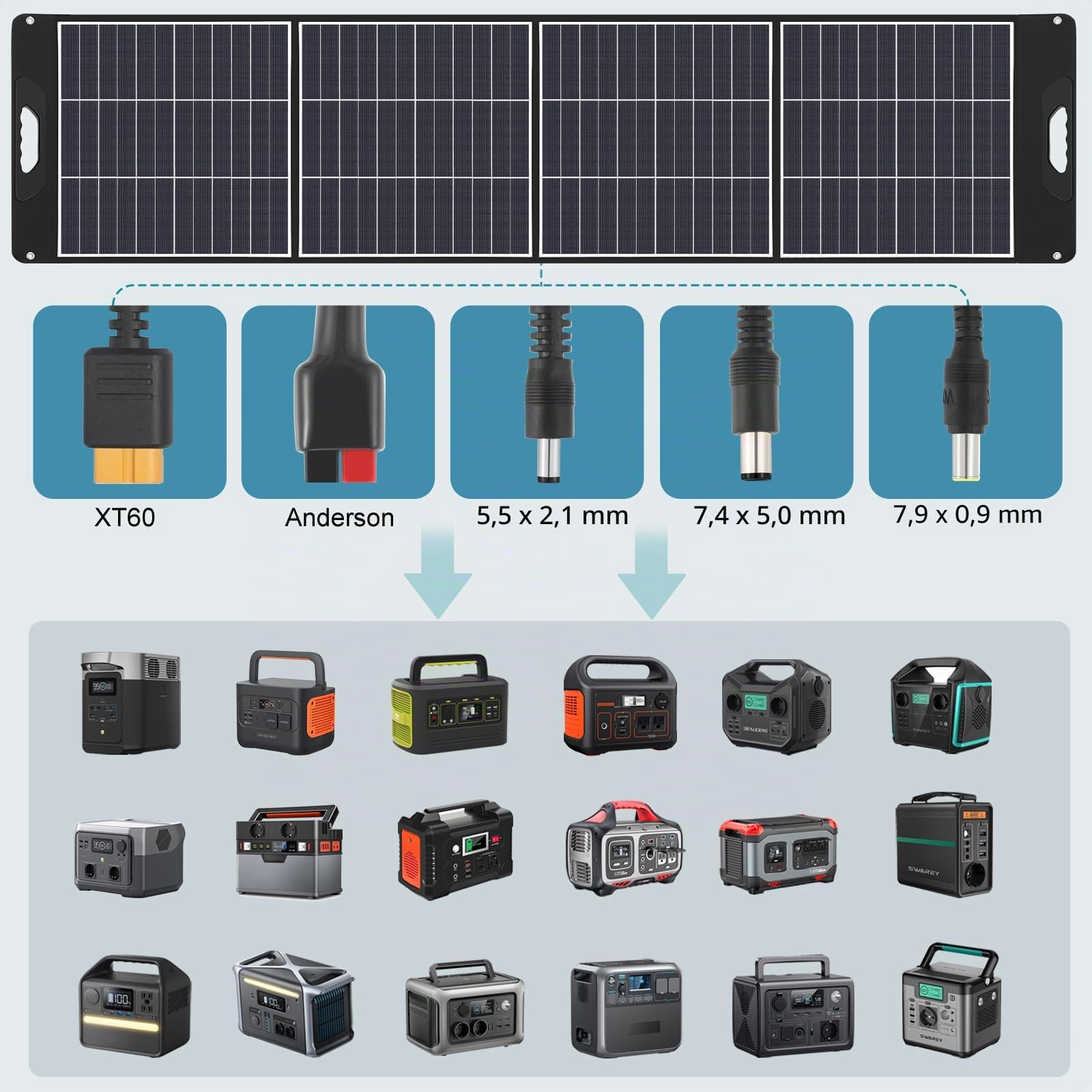 Panel Solar 200W, Placa Solar Portátil Monocristalino con USB-C 18W, Adaptadores XT60 Anderson DC5521, Soportes Ajustables para Estación de Energía Exteriores Camping RV