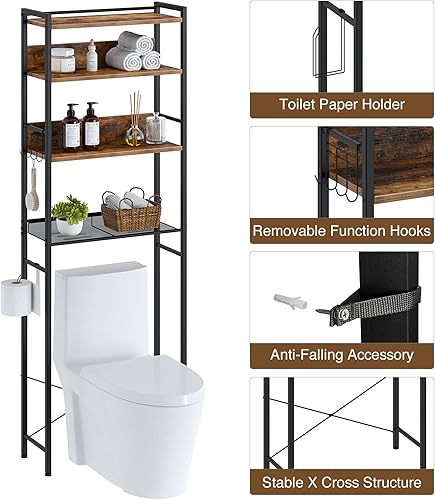 Miniatura 4 de Rolanstar Over The Toilet Storage 4-Tier, Freestanding Bathroom Organizer, Sturdy Behind Toilet Rack with Hooks, Space-Saving Design, Fits Most