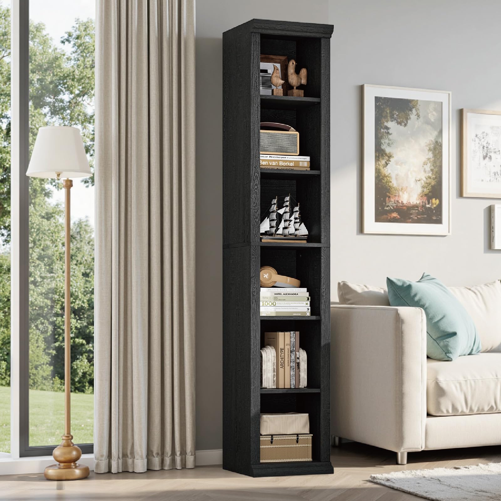EOSVALO Schmales Bücherregal Schwarz, 182,5 cm, 6-stöckig, Holz